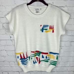 Tan F Jay Vintage White Sweater with Colorful Design Size Small